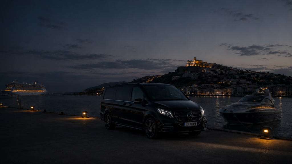 Luxury cruise ship transfer service in Ibiza with VIP minibus and private chauffeur near Ibiza port