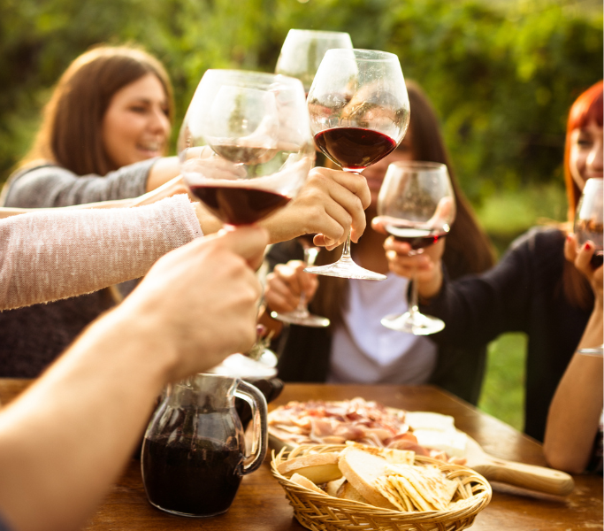 Group of friends toasting with red wine glasses at a vineyard, with a table featuring a platter of cured meats and bread, celebrating local culinary experiences in Ibiza.