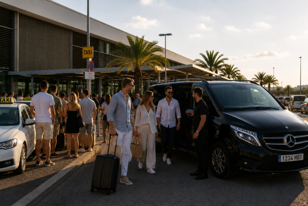 Crowded taxi queue in Ibiza at night