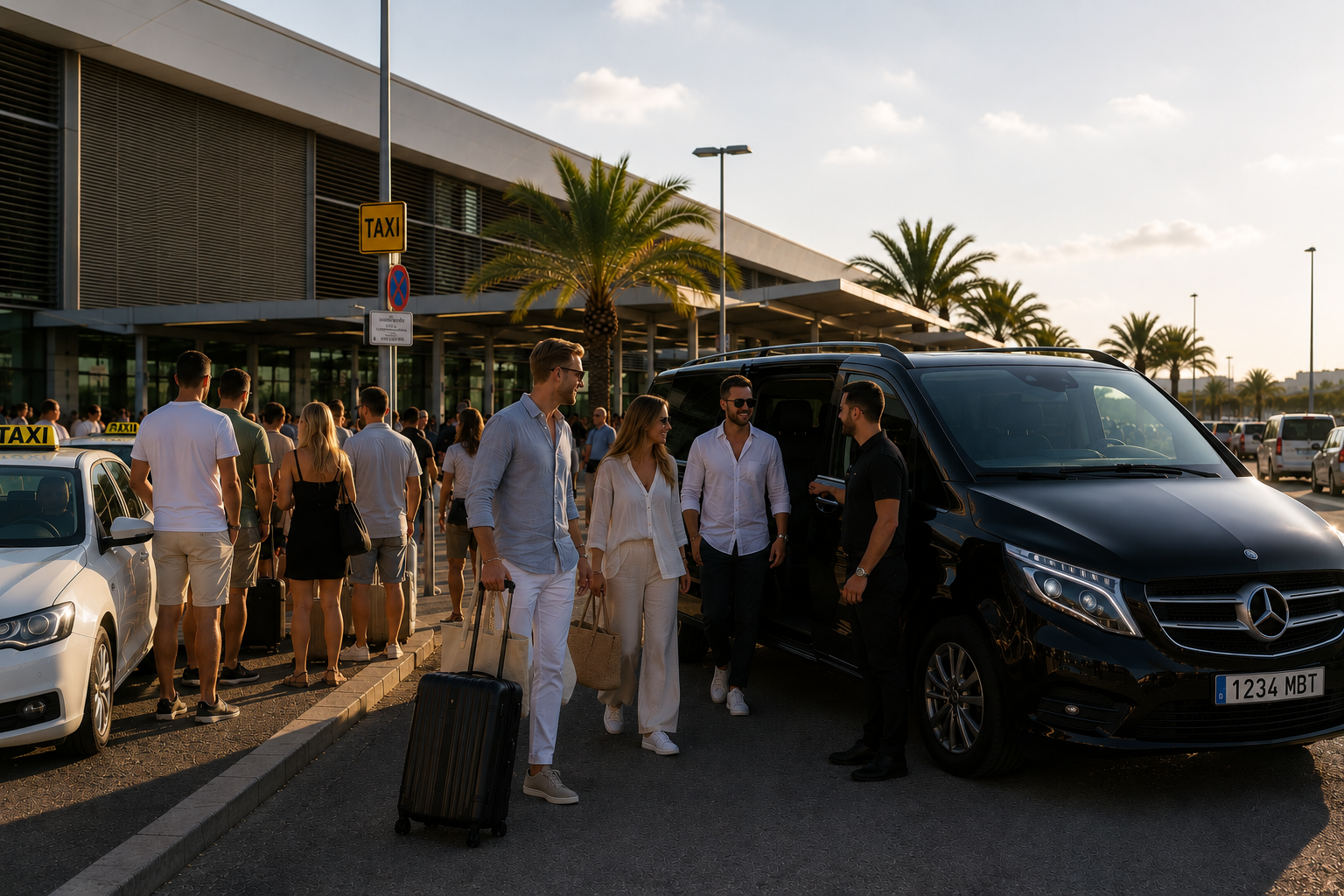 Crowded taxi queue in Ibiza at night
