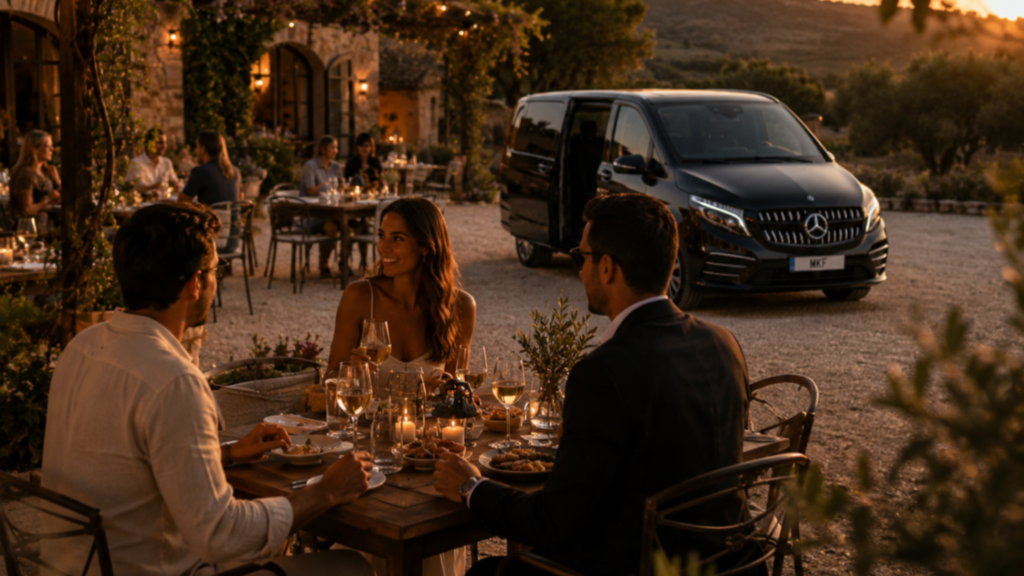 Outdoor dining experience at sunset with guests enjoying gourmet food and wine, a Mercedes-Benz van parked nearby, surrounded by lush greenery and rustic decor, reflecting Ibiza's culinary tours and vineyard experiences.
