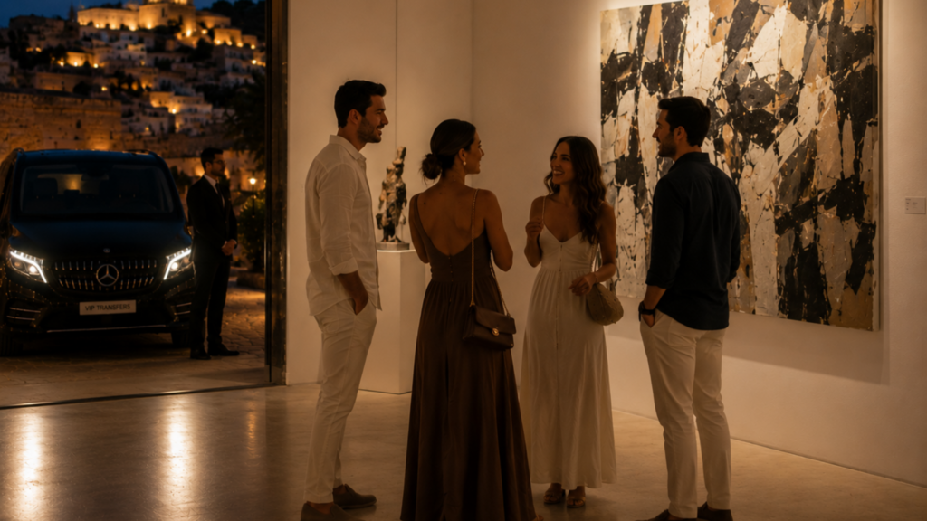 Group of four stylish individuals engaging in conversation at an art gallery, with a modern black Mercedes van labeled "VIP TRANSFERS" visible in the background, against a scenic nighttime backdrop of illuminated Ibiza.