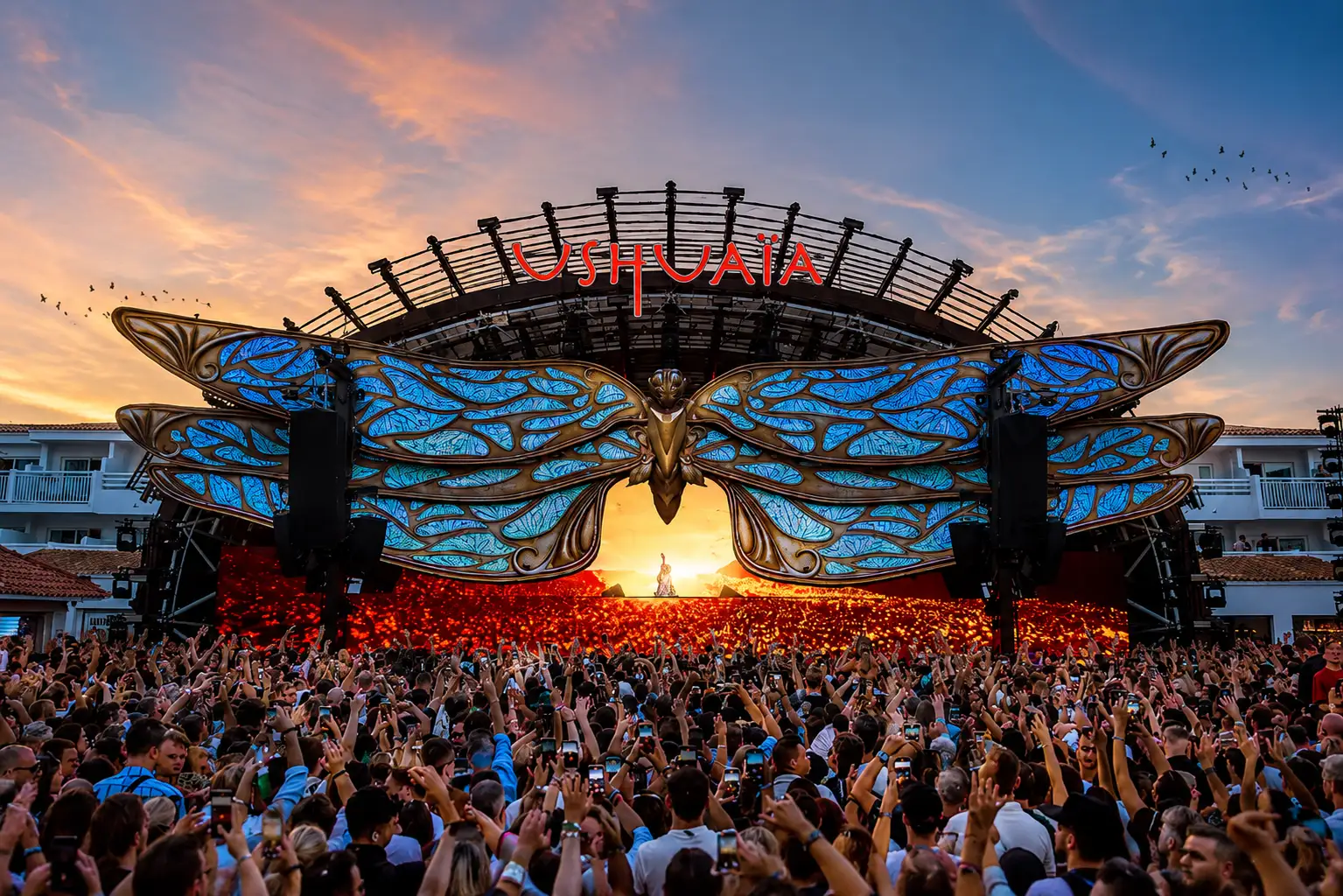 Ushua&iuml;a Ibiza opening party with live DJ performance and crowd at one of Ibiza's top nightlife events