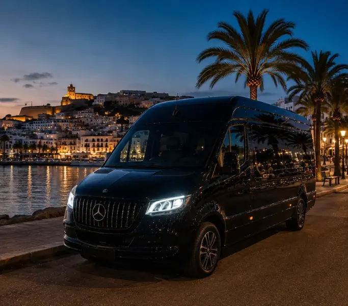 Luxury nightclub transfer service in Ibiza with elegant guests arriving by Mercedes chauffeur vehicle for a VIP nightlife experience.