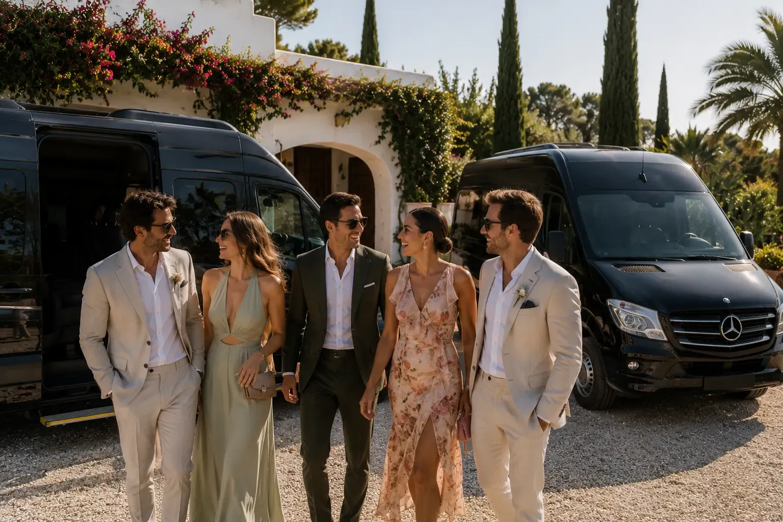 Wedding guests arriving at an Ibiza villa in two Mercedes minibuses for a luxury wedding transfer