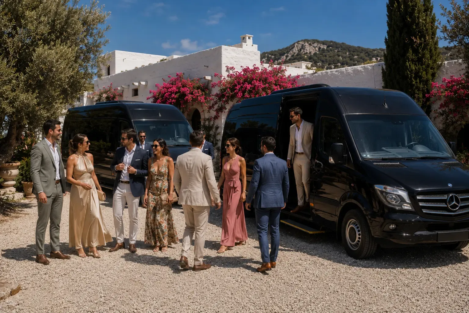 Wedding guests arriving at an Ibiza villa in two Mercedes minibuses for a luxury wedding transfer